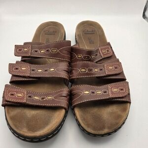 Clarks Women's Size 11 Leisa Leather Slide Sandal Adjustable Straps Brown